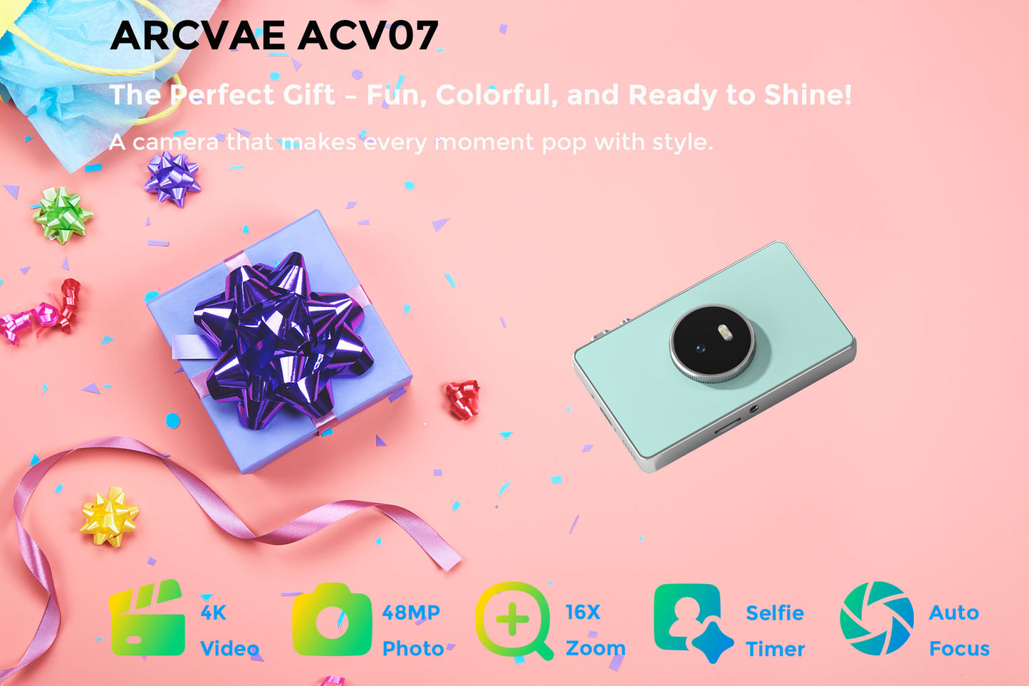 ACV07 Digital Camera, 48MP Photo 4K Video, 16X Zoom, Super Slim and light design for Best Gifts, White