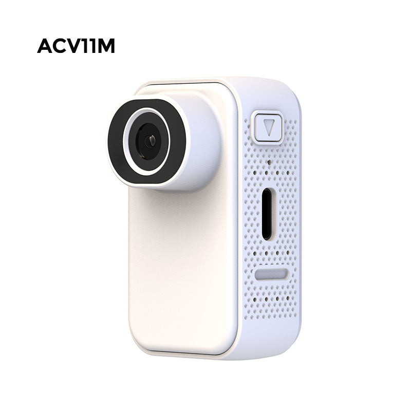 ACV11M White Sports Tiny Camera, 3MP Photo 2K Video, Super Tiny and light design, Thumb size, Riding kits, Magnet Lanyard