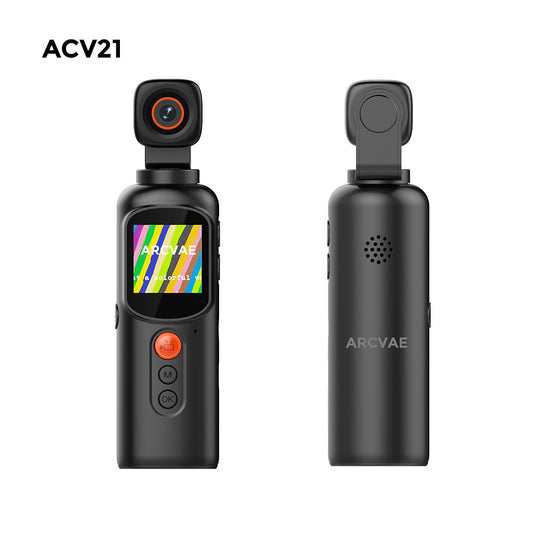 ACV21 pocket camera affordable with Microphone, body camera portable outdoor, 2K video Vlogging camera, WIFI direct connection, 350° rotating lens, high volume battery, Type-C connection, multi accessories and holders