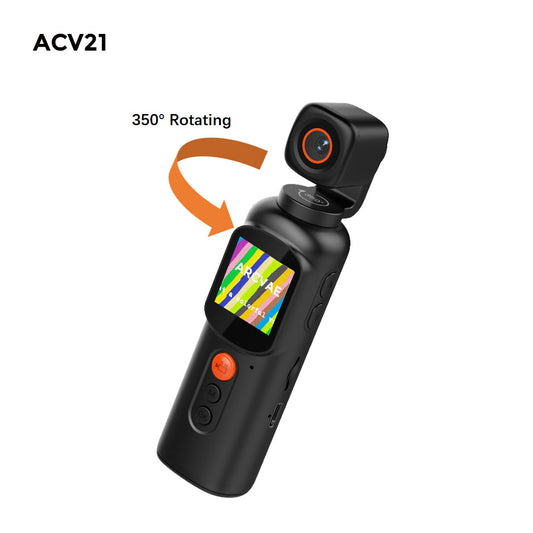 ACV21 pocket camera affordable with Microphone, body camera portable outdoor, 2K video Vlogging camera, WIFI direct connection, 350° rotating lens, high volume battery, Type-C connection, multi accessories and holders
