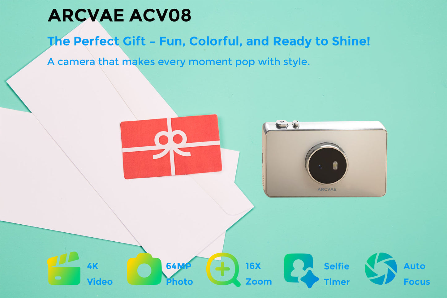 ACV08 Digital Camera, 64MP Photo 4K Video, 16X Zoom, Super Slim and light design for Best Gifts, Blue